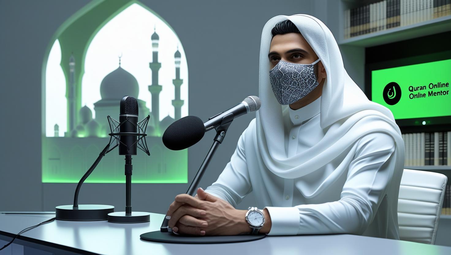 Photo-realistic image of a Muslim male teacher wearing a white thobe and a face mask, sitting at a modern studio desk, speaking into a professional microphone and looking directly at the camera. Backg (2)